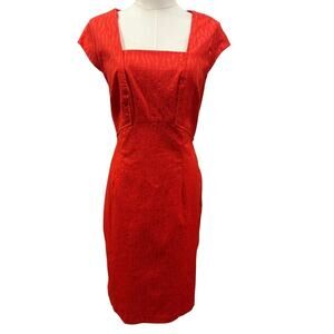 Adrianna Papell Strawberry Red Textured Sheath Midi Dress 12 Square Neck Wedding